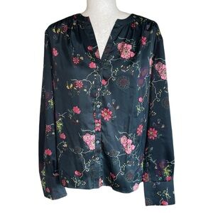 Ecru Dark Green Floral Printed Satin Button Down Blouse - M